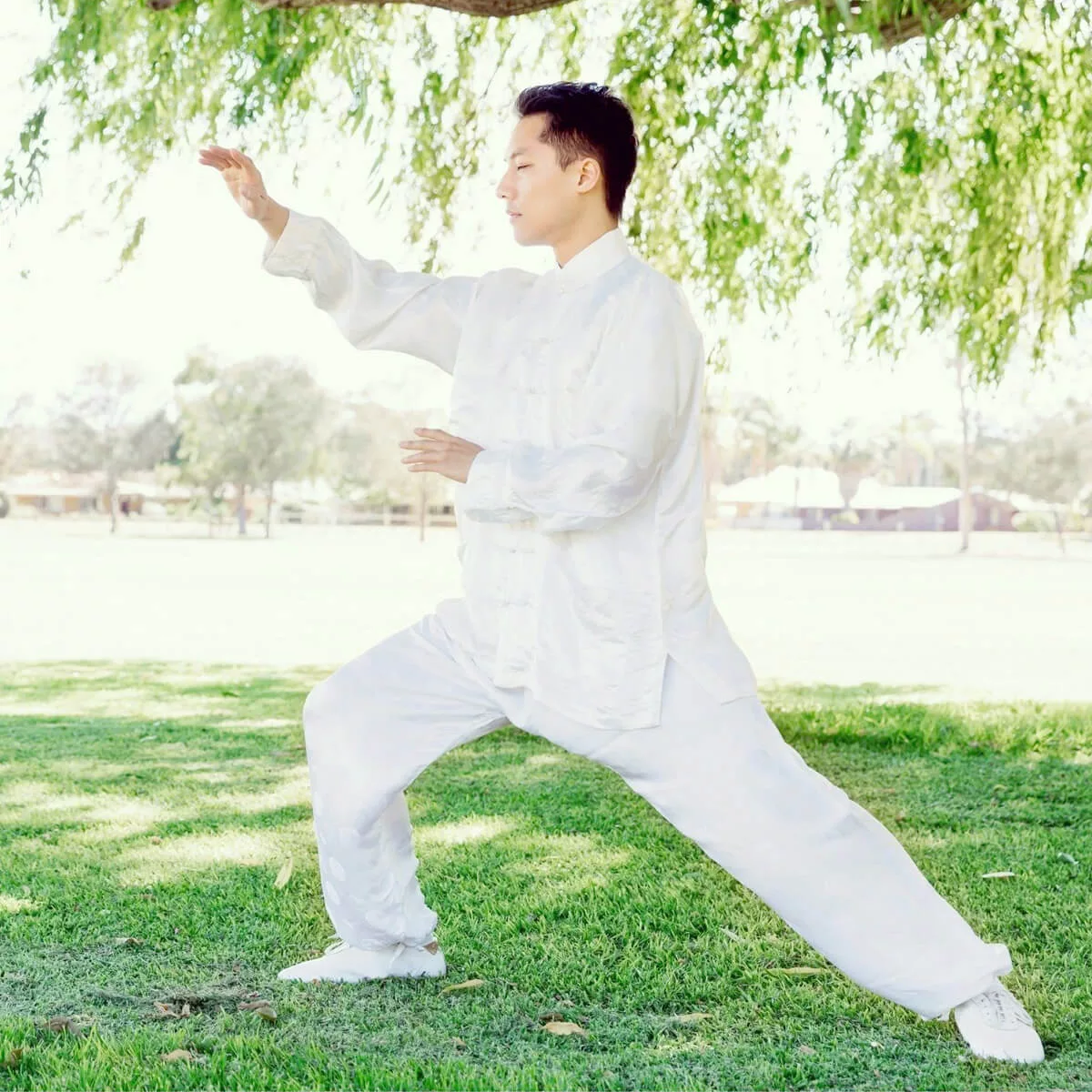 Homme pratiquant le QiGong en extérieur à l'ombre
