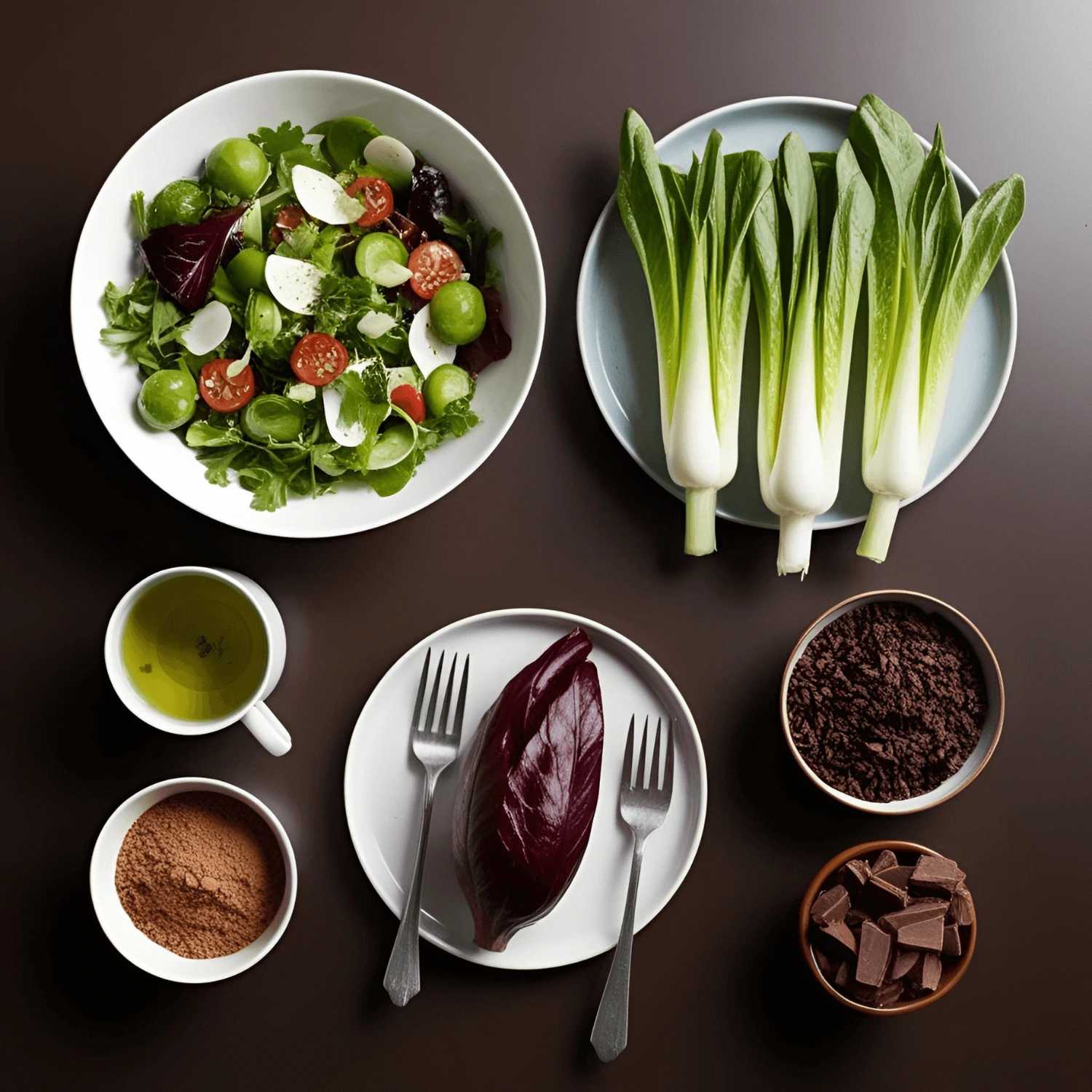 Des salades, des endives, du thé vert et du cacao pur sur une table une poire, un navet blanc, des amandes douces et du miel sur une table