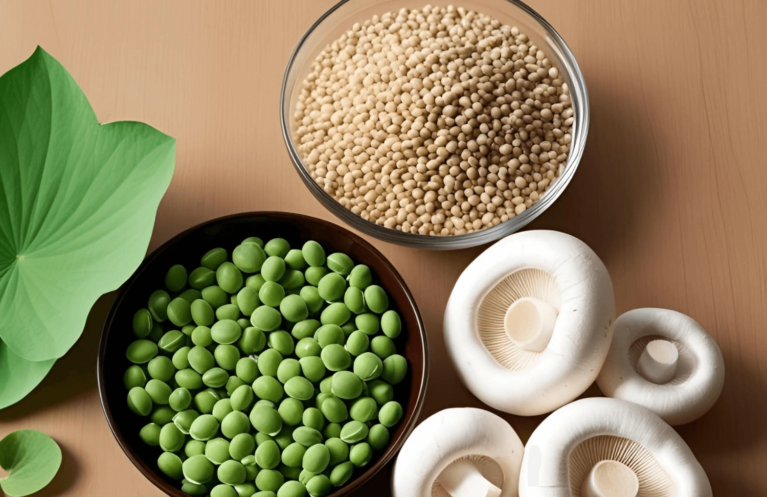 des graines de lotus, du soja vert et des champignons blancs sur une table des graines de lotus, du soja vert et des champignons blancs sur une table