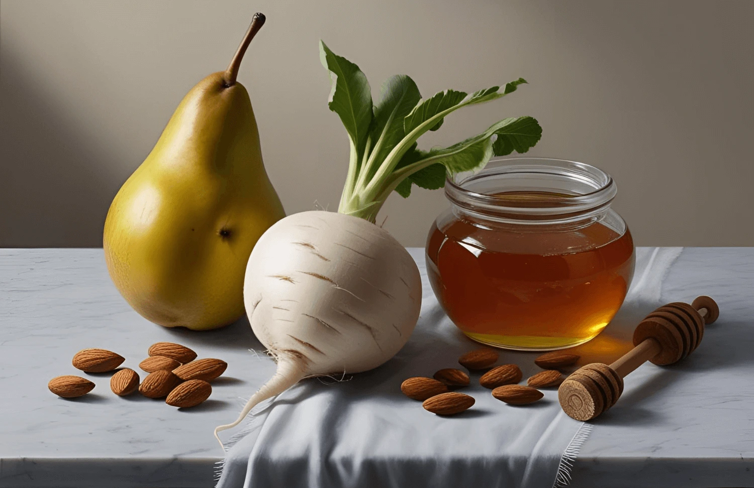 une poire, un navet blanc, des amandes douces et du miel sur une table une poire, un navet blanc, des amandes douces et du miel sur une table