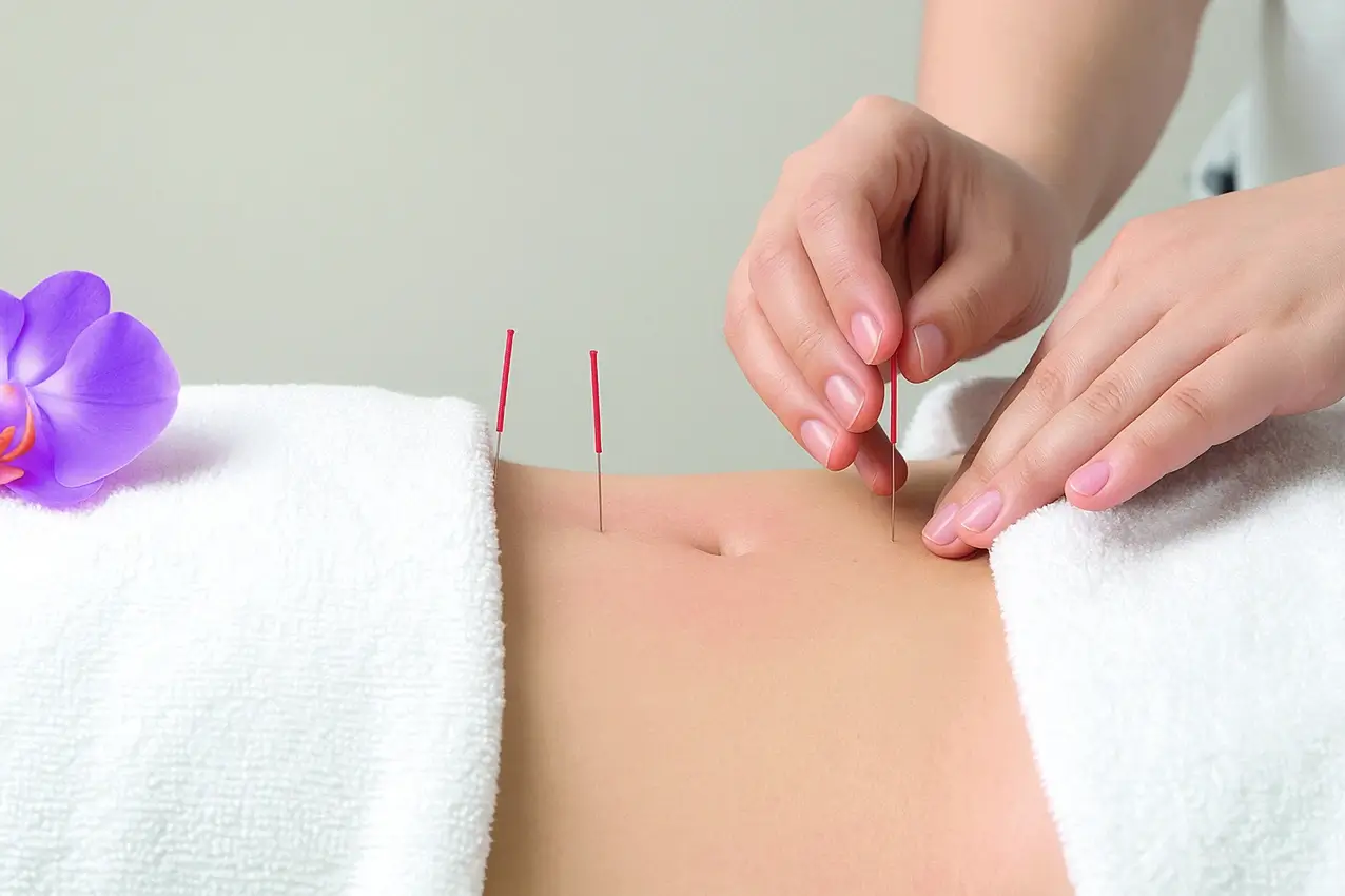 Une femme avec des problèmes de ménopause faisant de l'acupuncture pour les régler Une femme avec des problèmes de ménopause faisant de l'acupuncture pour les régler