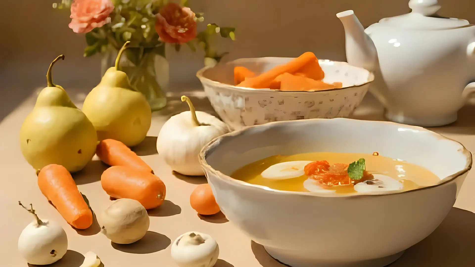 Plusieurs plats nourrisant les poumons Des aliments blancs et juteux sont mis en avant : poires mûres, radis blanc, champignons blancs, navets, accompagnés de légumes racines comme carottes et patates douces
