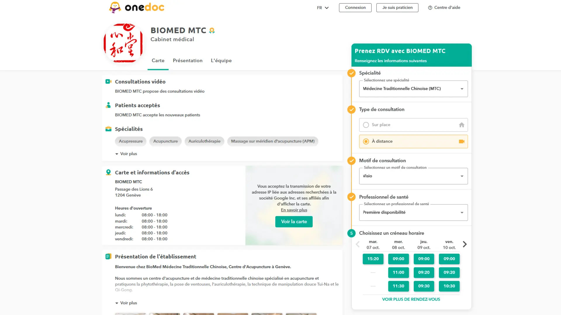 Parcours de réservation d'une séance en téléconsultation
