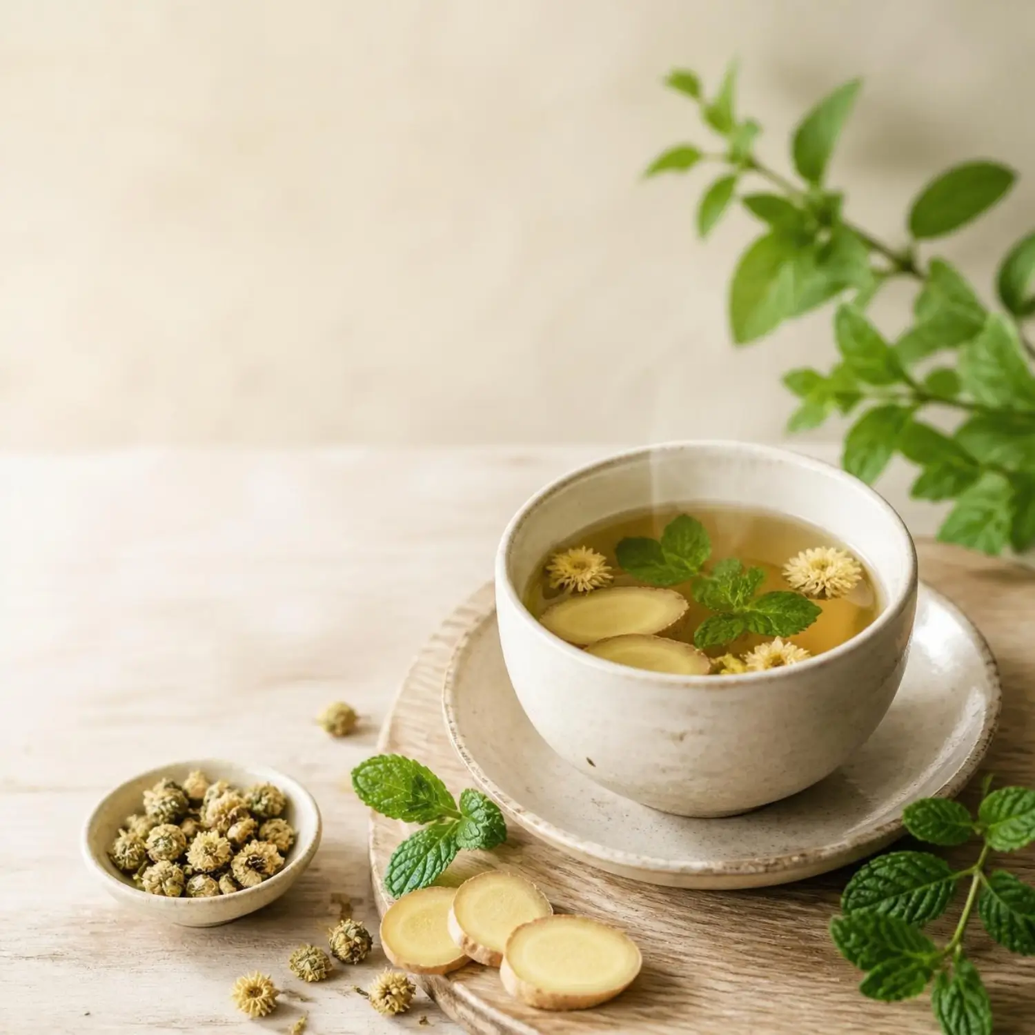 tisane gingembre, menthe et fleurs de chrysanthème